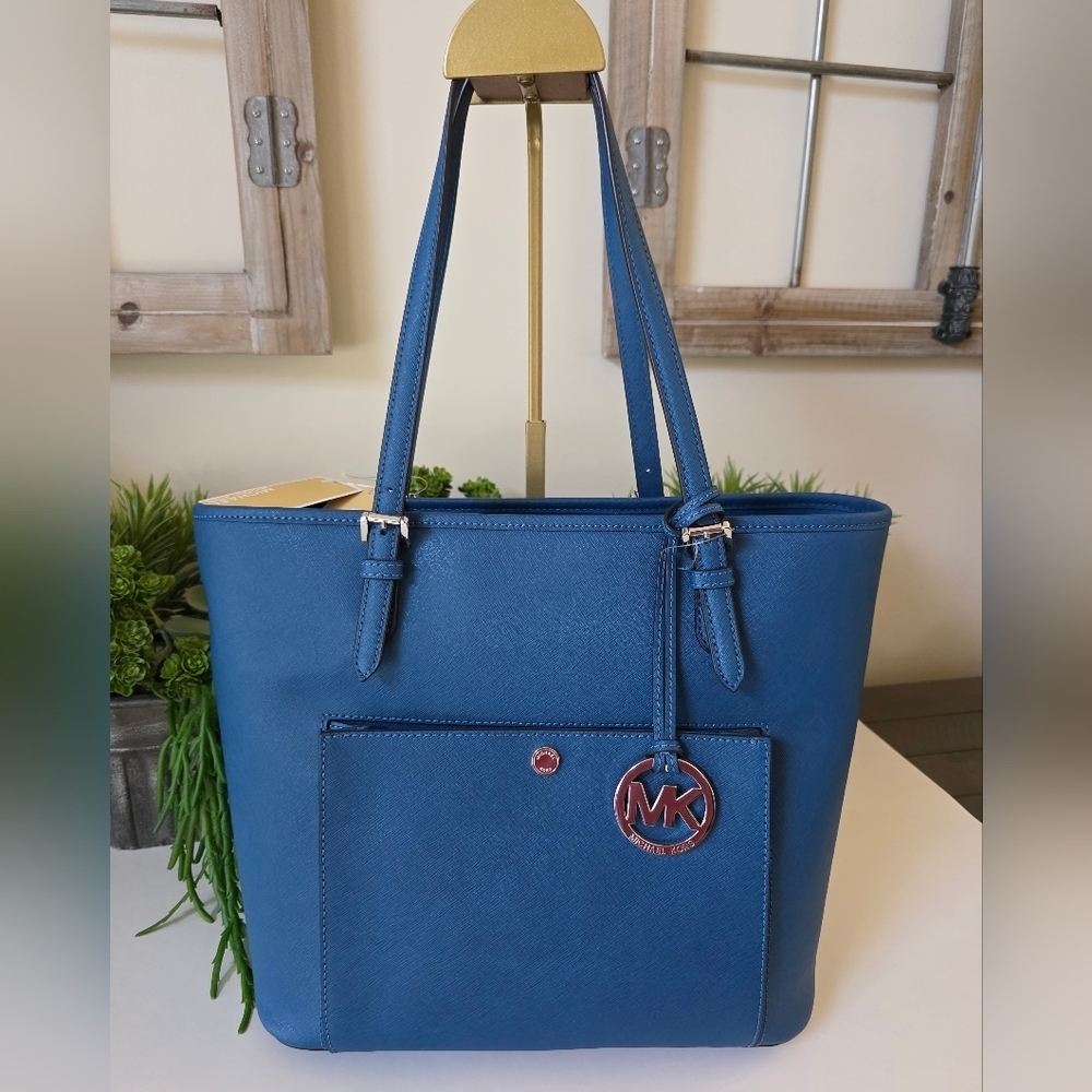 Michael Kors Jet Set Large Snap Pocket Tote-Steel Blue Saffiano Leather-NWT